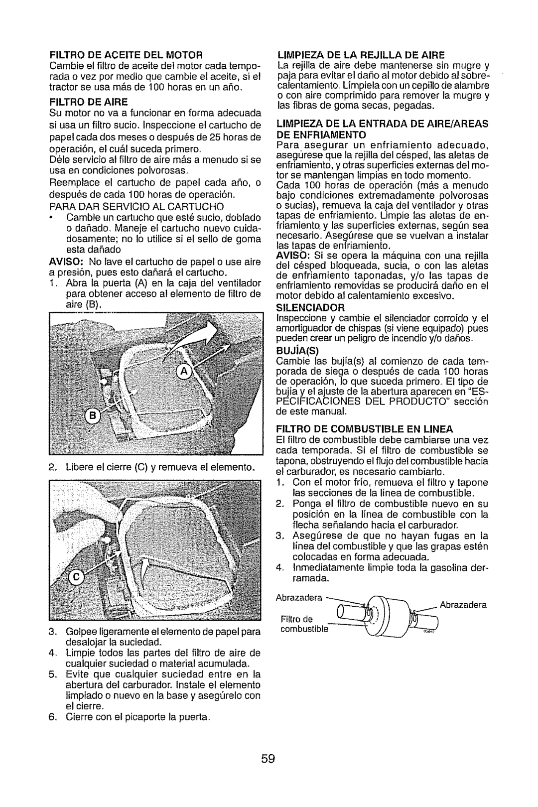 Craftsman 917.28947 manual Limpieza DE LA Rejilla DE Aire, Limpieza DE LA Entrada DE AIRE/AREAS DE Enfriamento, Silenciador 