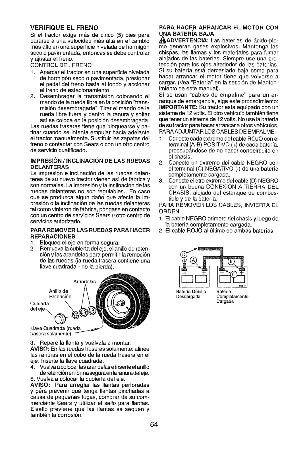 Craftsman 917.289470 manual Verifique EL Freno, IMPRESlON / Inclinacion DE LAS Ruedas Delanteras 