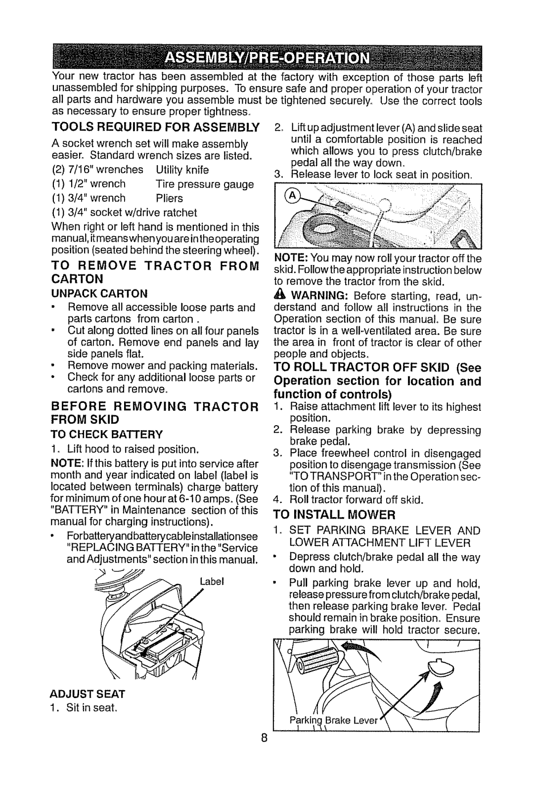 Craftsman 917.289470 manual To Remove Tractor from Carton Unpack Carton, To Check Battery, Adj Ust S Eat 