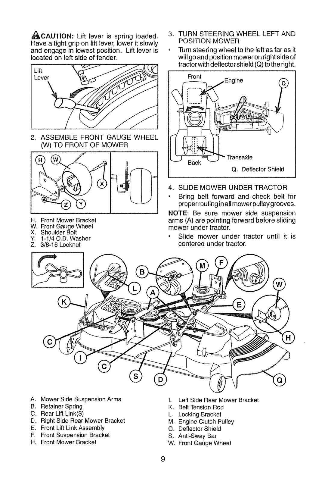 Craftsman 917.289470 manual Turn Steering Wheel Left and Position Mower, To Front of Mower, Slide Mower Under Tractor 