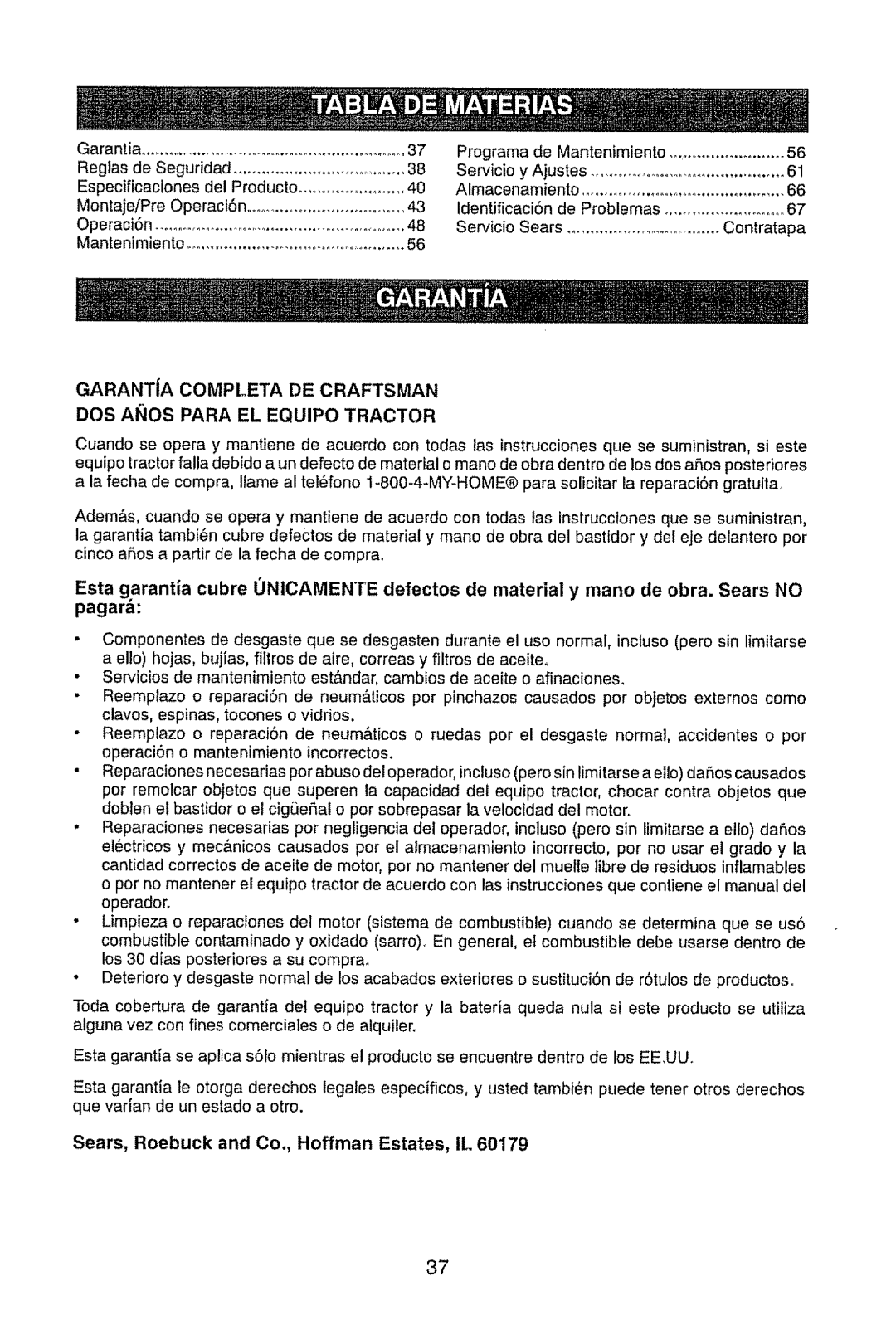 Craftsman 917.289470 manual GARANTiA COMPLETA DE CRAFTSMAN, Dos Anos Para El Equipo Tractor 