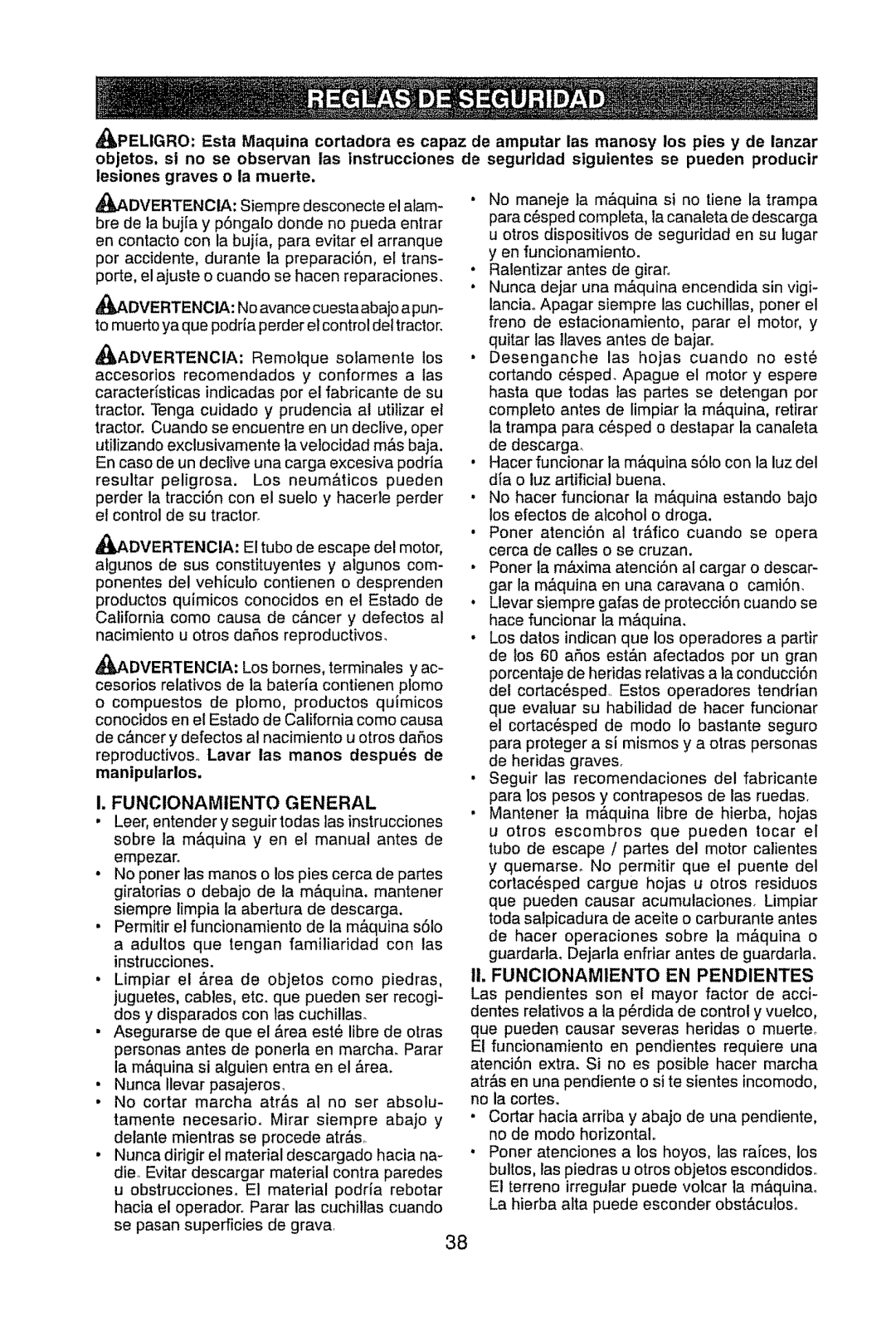 Craftsman 917.289470 manual I. Funcionamiento General, Ii. FUNCIONAMIENTO EN PENDIENTES 