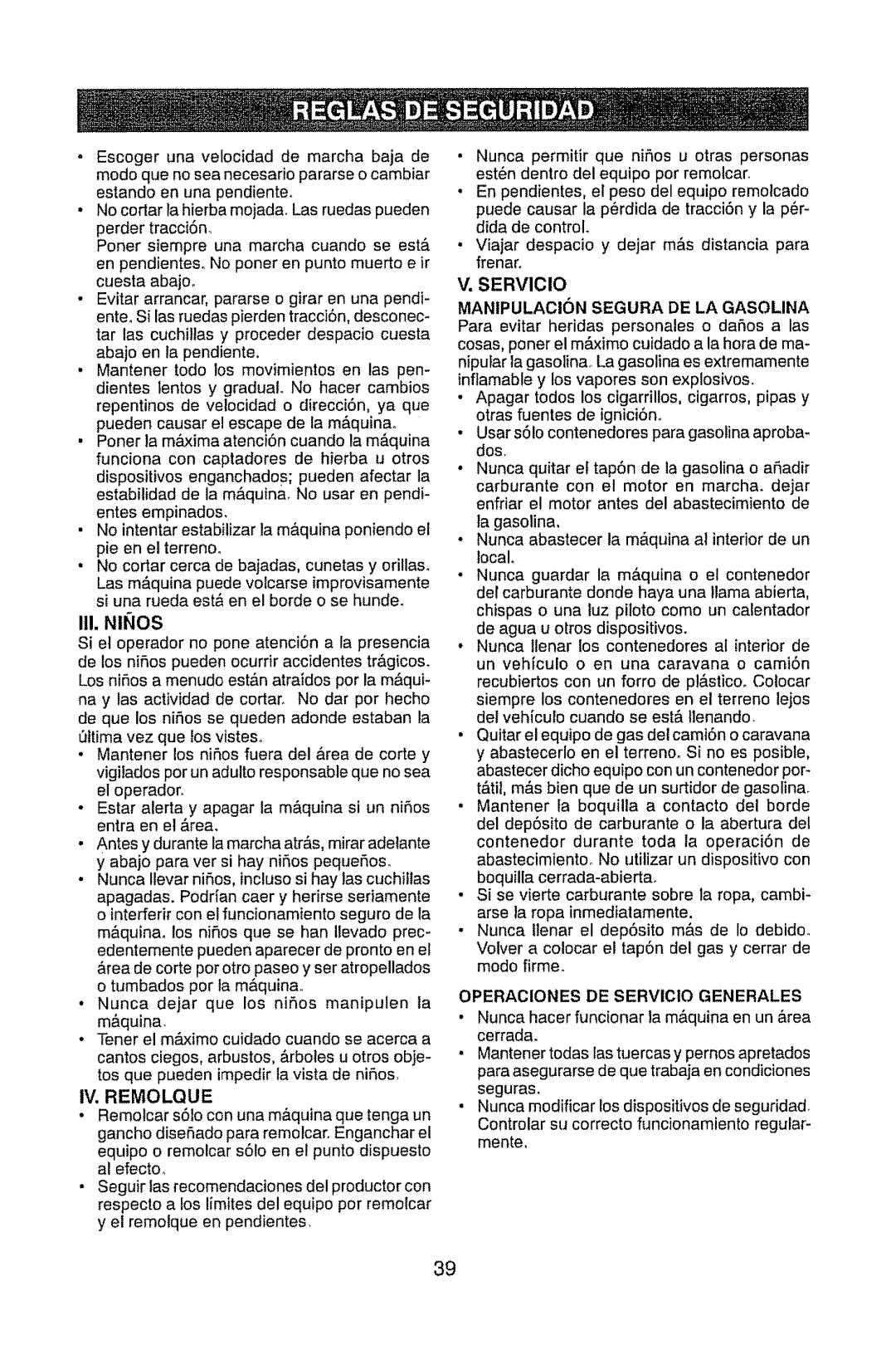 Craftsman 917.289470 manual III, Nlf4OS, V, SERVIClO MANIPULACION SEGURA DE LA GASOLINA 