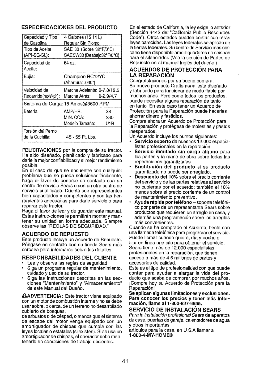 Craftsman 917.289470 manual Especificaciones Del Producto, RESPONSABtLIDADES DEL CLIENTE, My-Home 