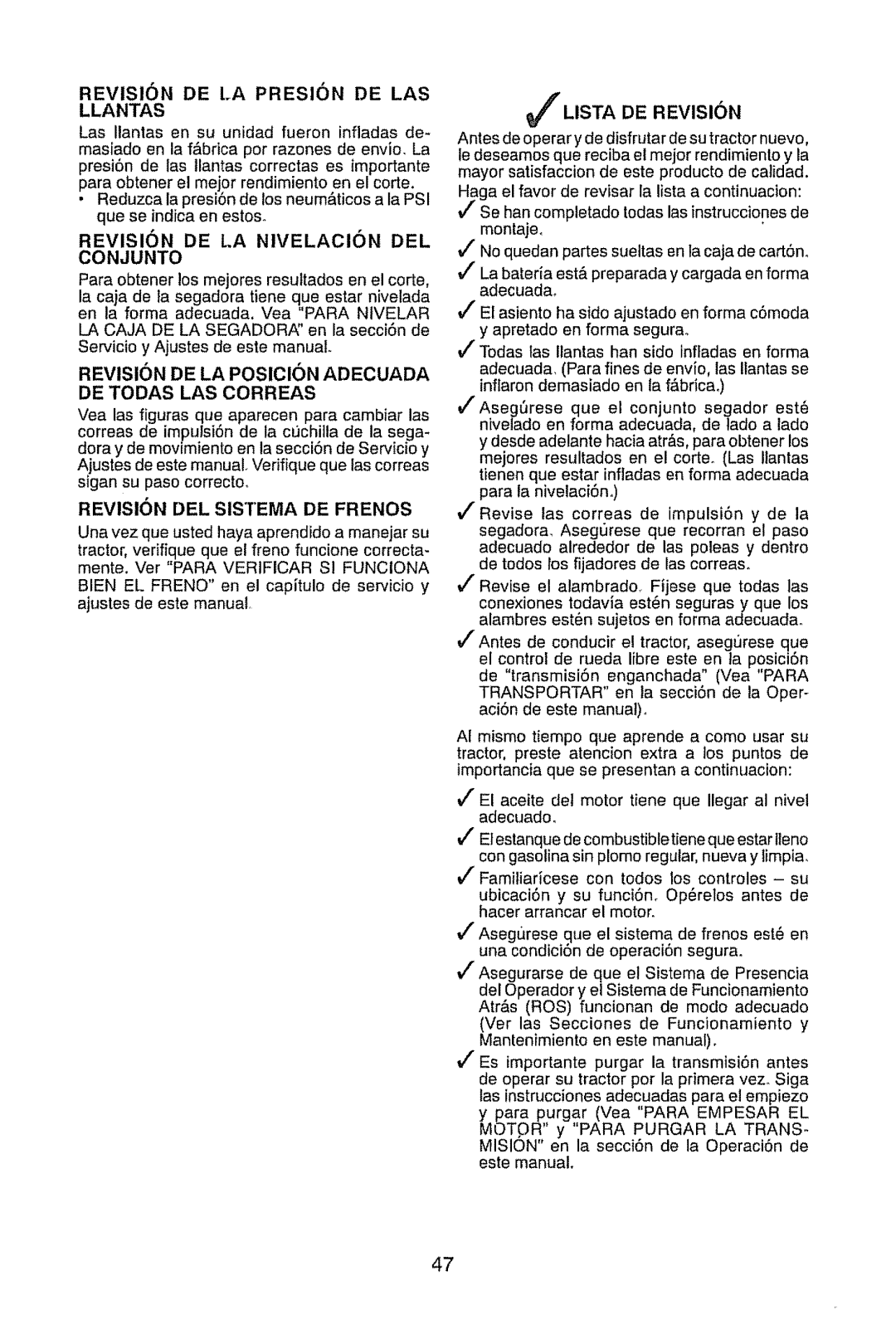 Craftsman 917.289470 manual REVIS16N DE I.A PRESION DE LAS LLANTAS, Ilista De Revisi_N 