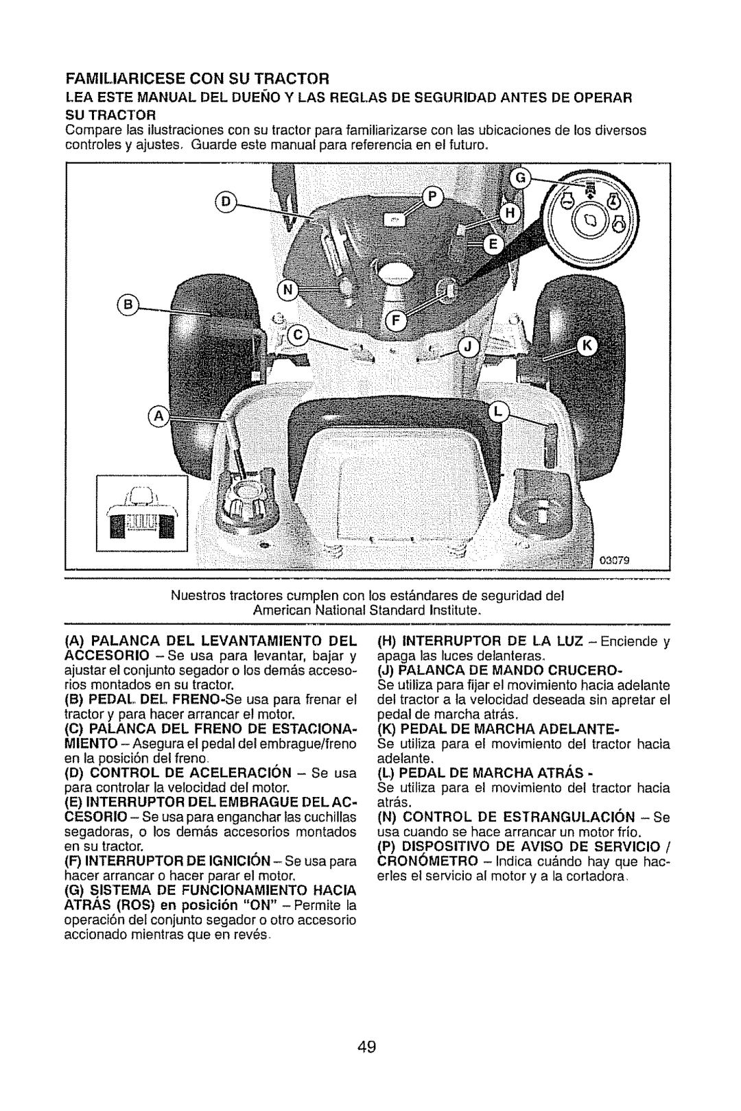 Craftsman 917.289470 manual Familiaricese Con Su Tractor, Jpalanca De Mando Crucero, Kpedal De Marcha Adelante 