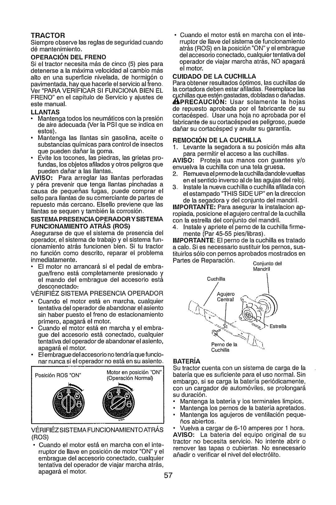 Craftsman 917.289470 manual Cuidado De La Cuchilla, Remocion De La Cuchilla 