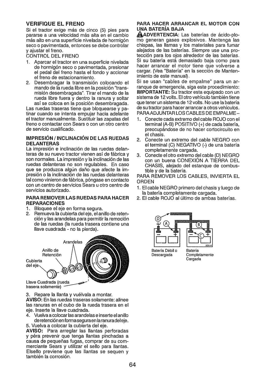 Craftsman 917.289470 manual Verifique El Freno, IMPRESlON / INCLINACION DE LAS RUEDAS DELANTERAS 