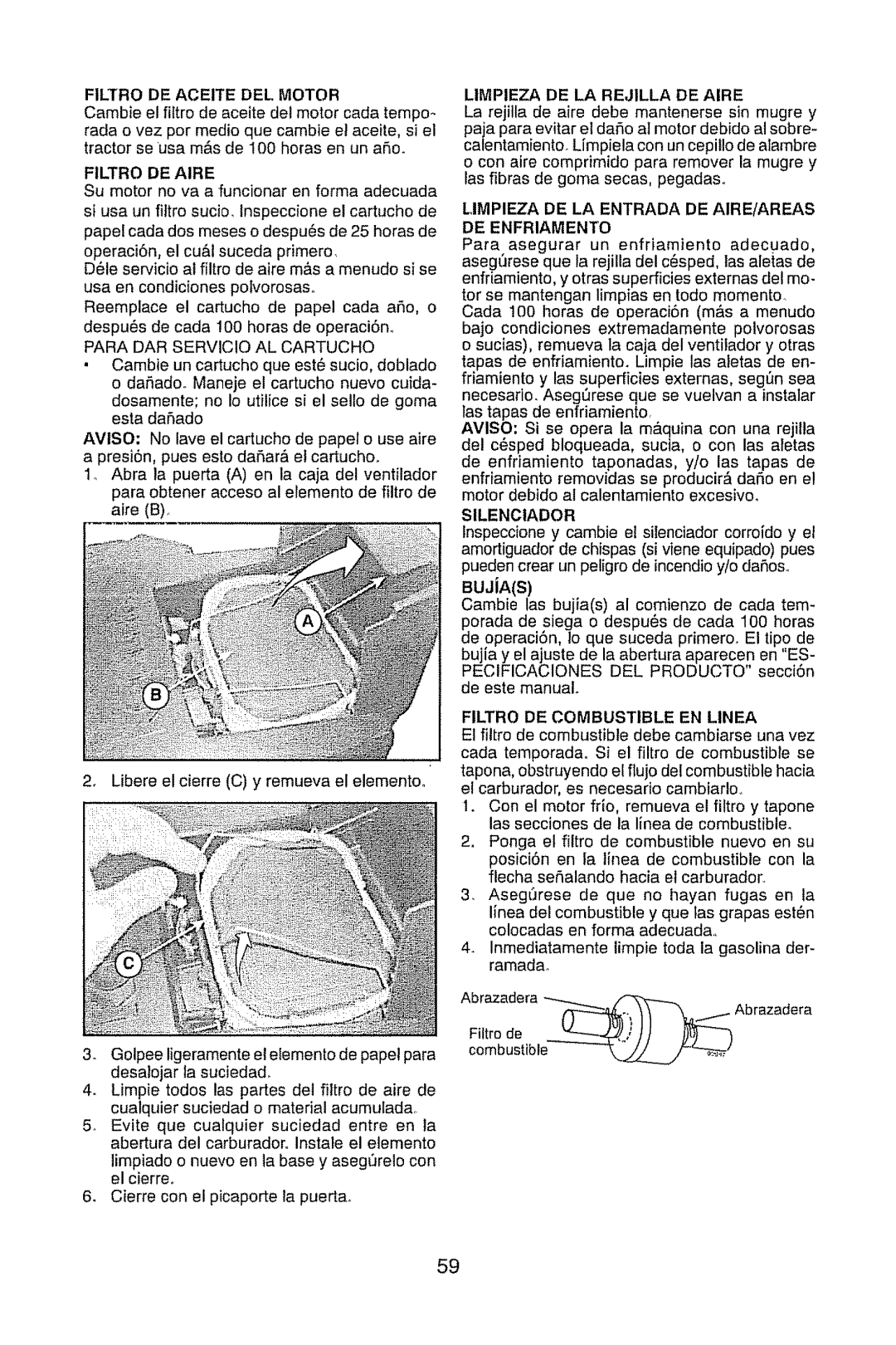 Craftsman 917.28948 owner manual DE Enfriamento, Silenciador, BUJiAS, Filtro DE Combustible EN Linea 