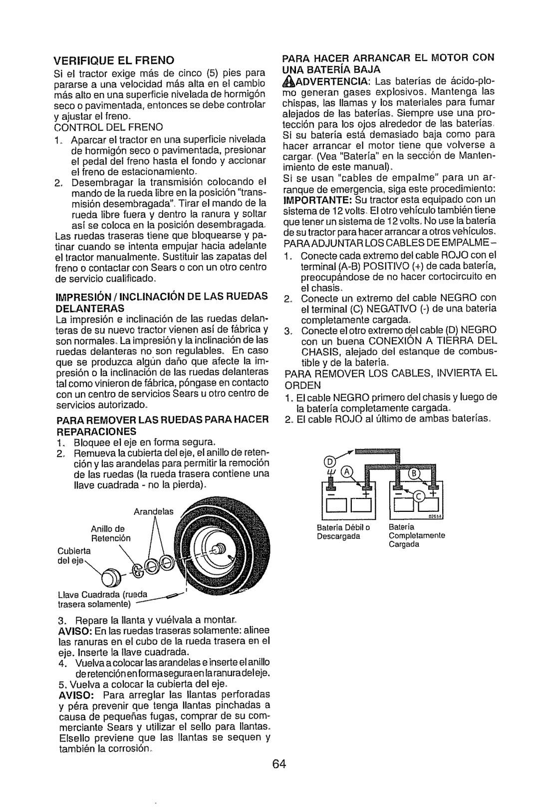 Craftsman 917.28948 owner manual Control DEL Freno, IMPRESlON / Inclinacin DE LAS Ruedas, Delanteras 