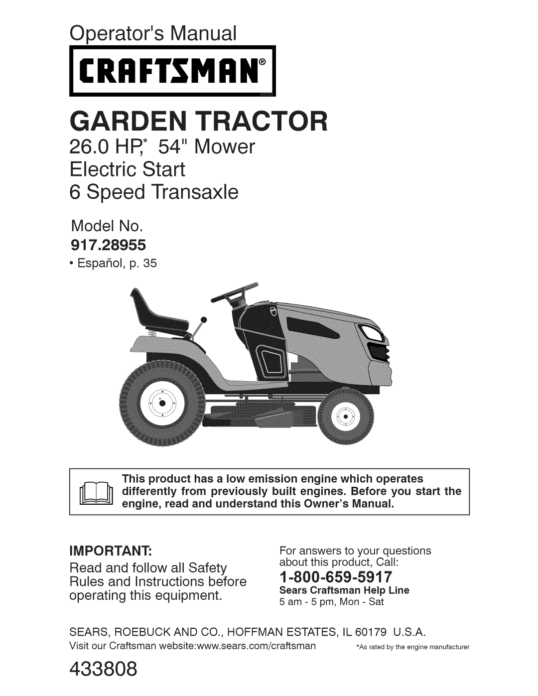 Craftsman 917.28955 owner manual CRI Ftsmrn, SEARS, Roebuckand CO., Hoffman ESTATES, IL 60179 U.S.A 