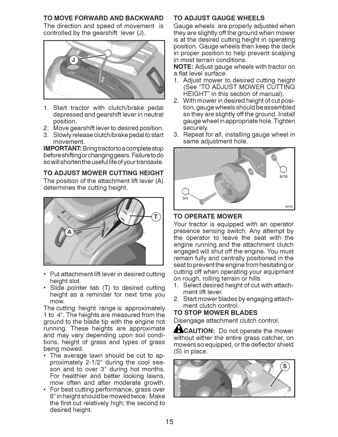 Craftsman 917.28955 To Adjust Mower Cutting Height, To Adjust Gauge Wheels, To Operate Mower, To Move Forward and Backward 