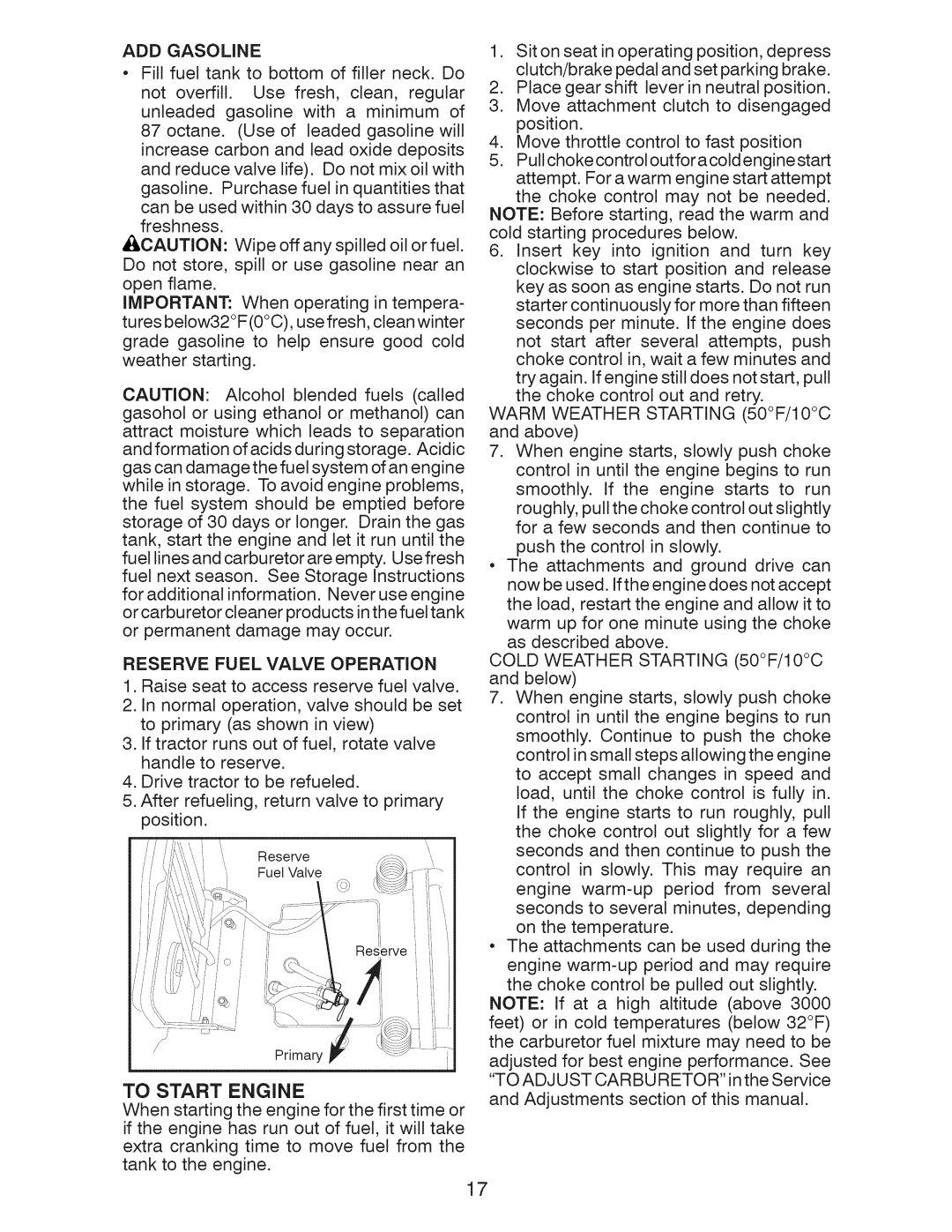 Craftsman 917.28955 owner manual To Start Engine, ADD Gasoline, Reserve Fuel Valve Operation 