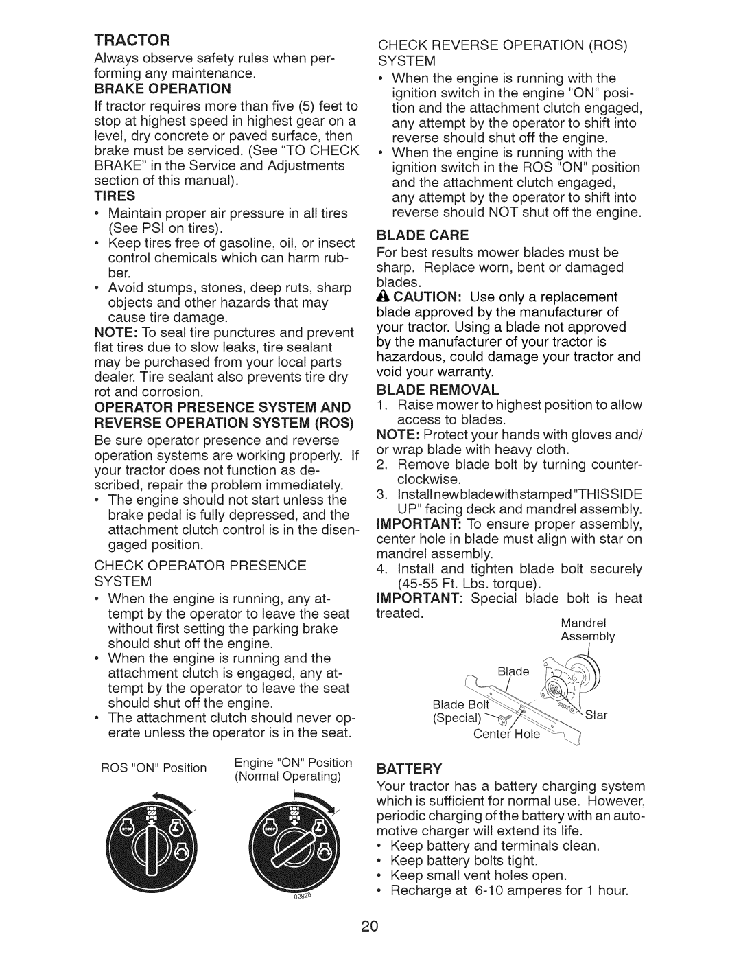 Craftsman 917.28955 owner manual Check Operator Presence System, Check Reverse Operation ROS System, Tires 