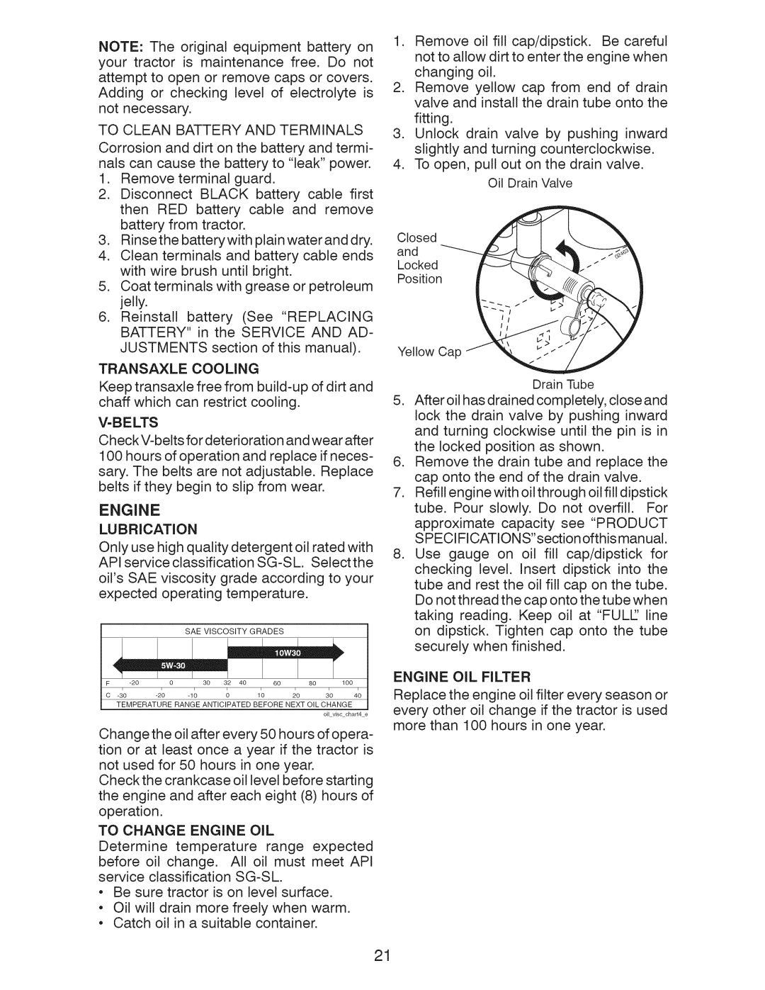 Craftsman 917.28955 owner manual To Clean Battery and Terminals, Transaxle Cooling, Engine, Lubrication 