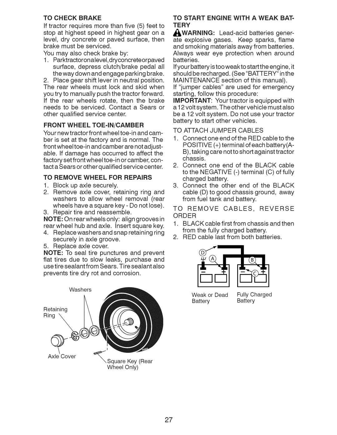 Craftsman 917.28955 To Check Brake, Front Wheel TOE-IN/CAMBER, To Remove Wheel for Repairs, To Attach Jumper Cables 