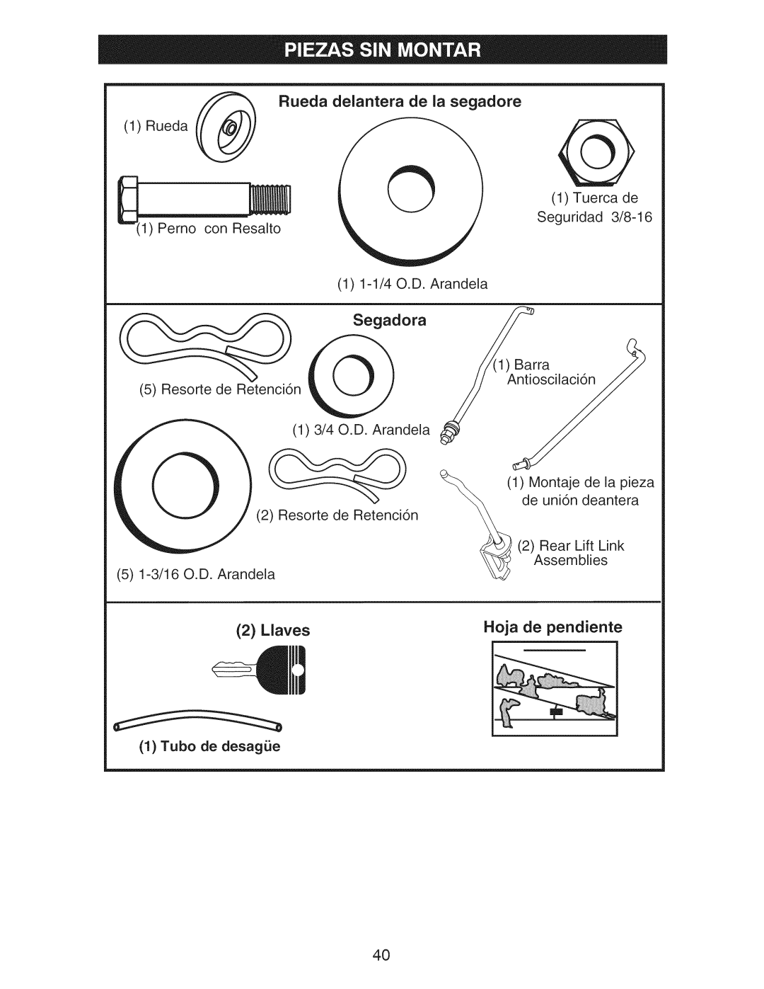 Craftsman 917.28955 owner manual Barra, Antioscilaci6n, Montaje de la pieza, De uni6n Deantera Rear Lift Link, Assemblies 