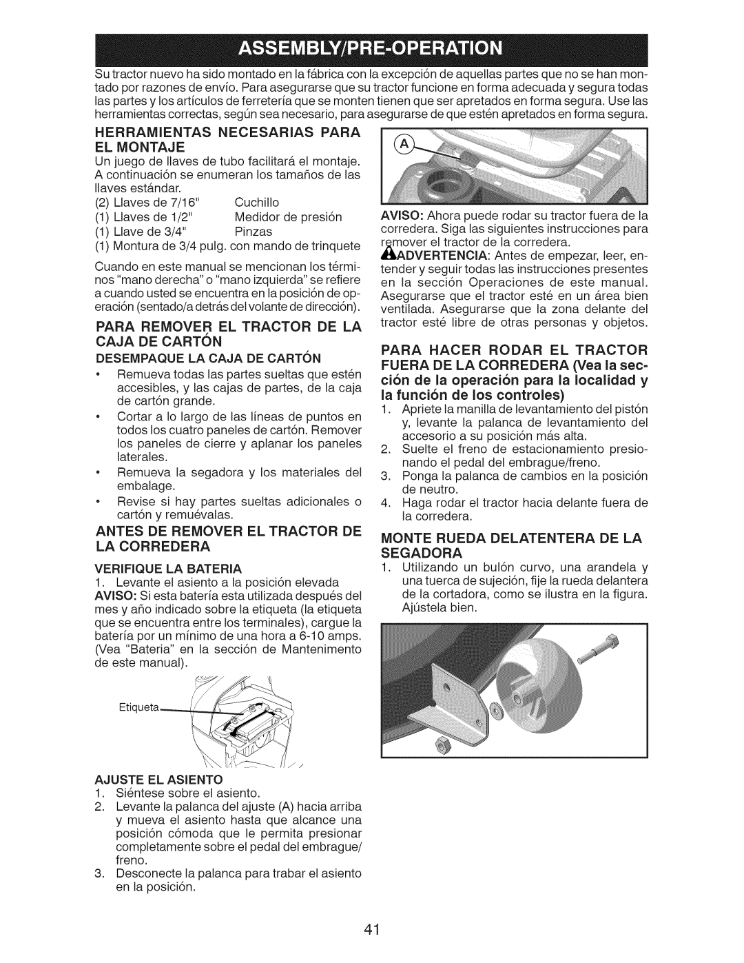 Craftsman 917.28955 owner manual Para Hacer Rodar EL Tractor, Fuera DE LA Corredera Vea la sec=, Monte Rueda 