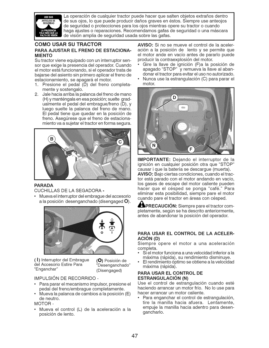 Craftsman 917.28955 owner manual Como Usar SU Tractor, Miento 