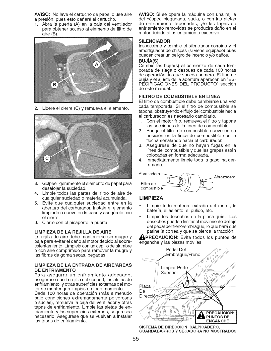 Craftsman 917.28955 owner manual Filtro DE Combustible EN Linea, Limpieza DE LA Rejilla DE Aire 