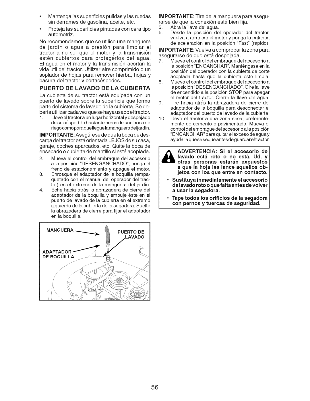 Craftsman 917.28955 owner manual Puerto DE Lavado DE LA Cubierta, Importante 