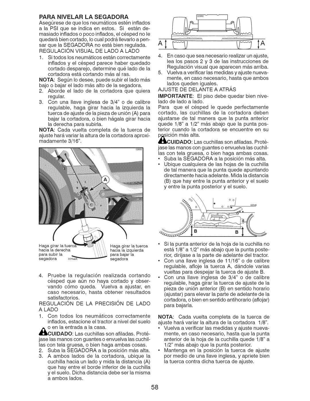 Craftsman 917.28955 owner manual Para Nivelar LA Segadora, Regulacion Visual DE Lado a Lado, Ajuste DE Delante a ATR,S 