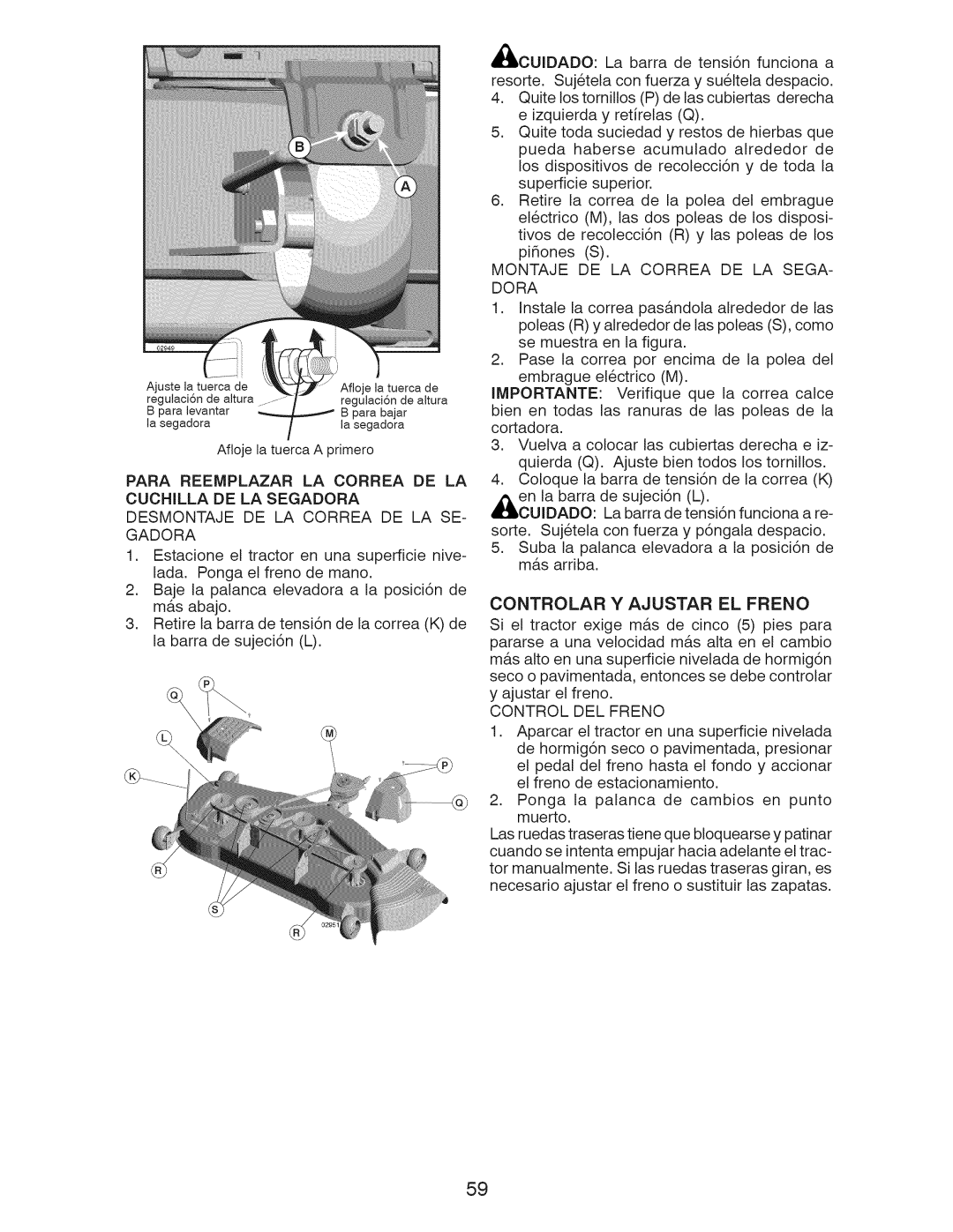 Craftsman 917.28955 owner manual Montaje DE LA Correa DE LA SEGA- Dora, Controlar Y Ajustar EL Freno, Control DEL Freno 