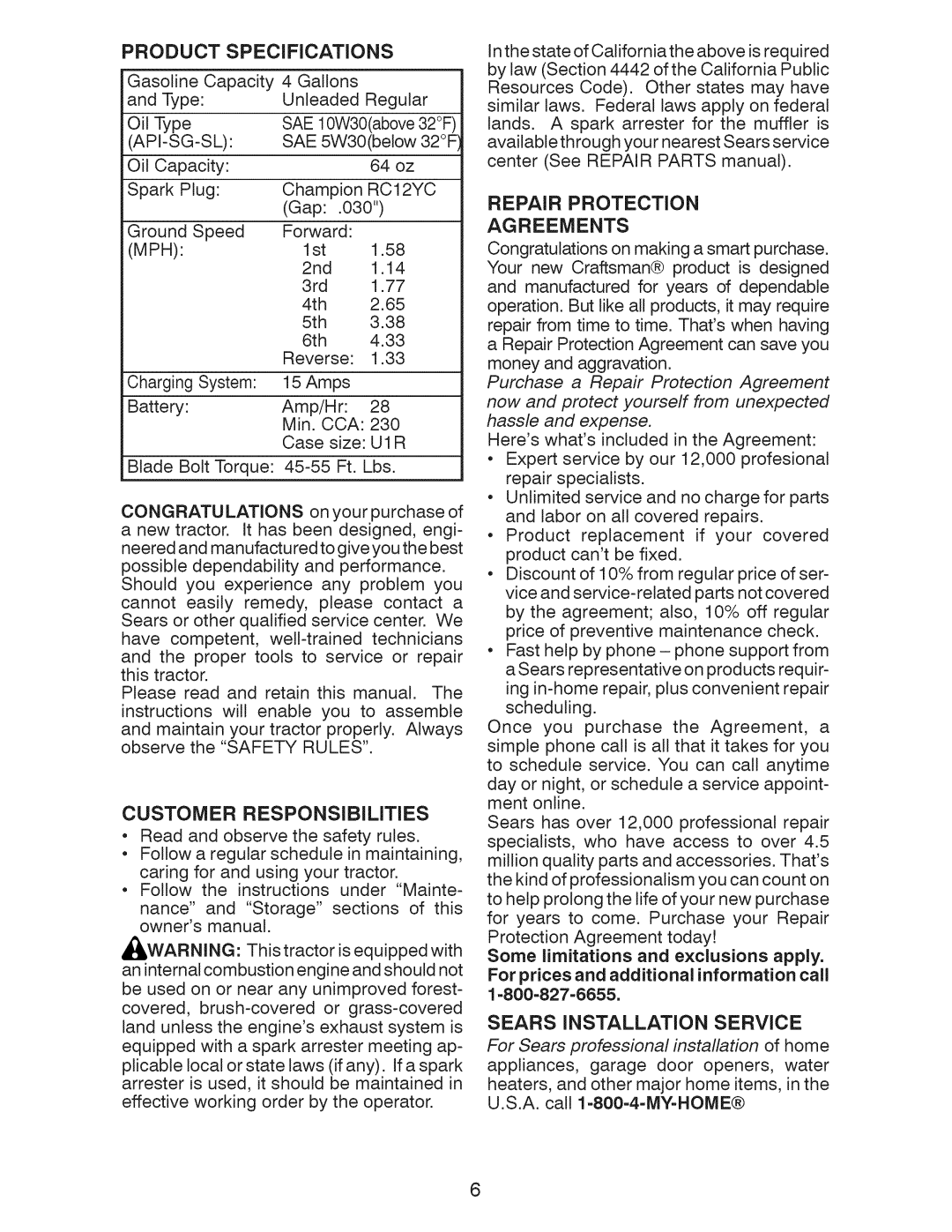 Craftsman 917.28955 owner manual Product Specifications, Customer Responsibilities, Repair Protection, Agreements 