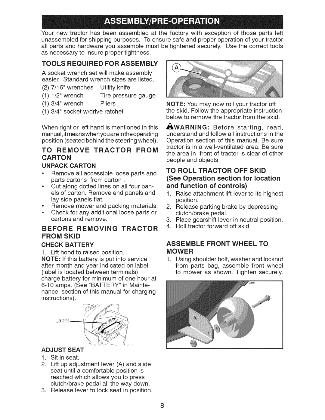 Craftsman 917.28955 owner manual To Remove Tractor from, Carton, Before Removing Tractor, Assemble Front Wheel to Mower 