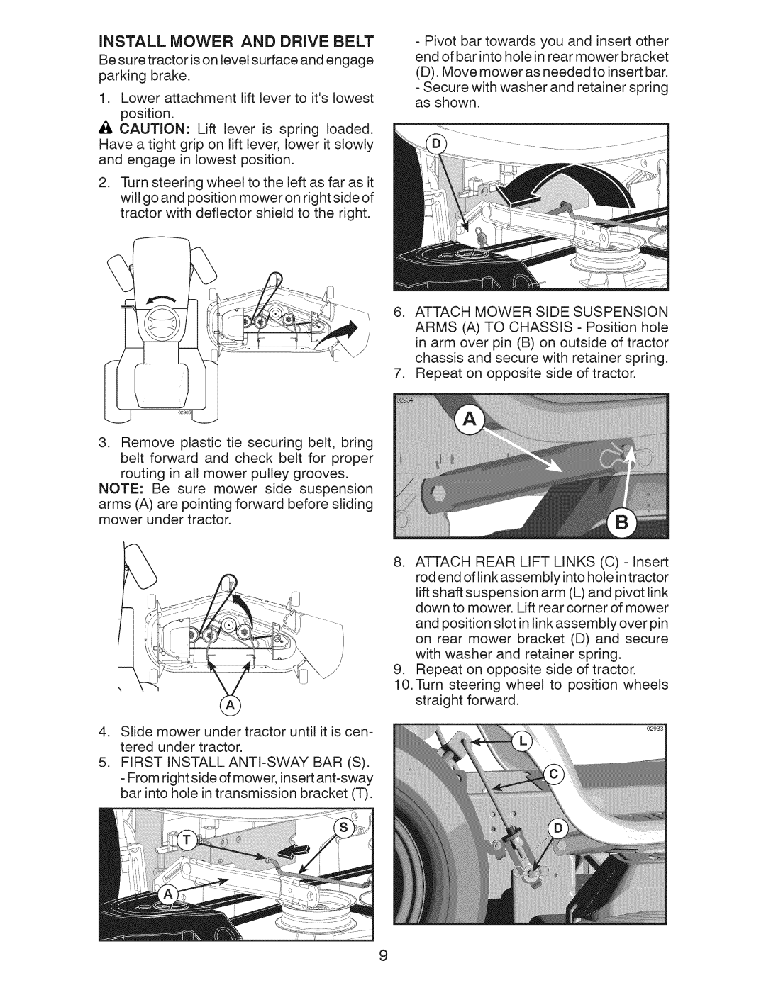 Craftsman 917.28955 owner manual INSTALL Mower and Drive Belt 