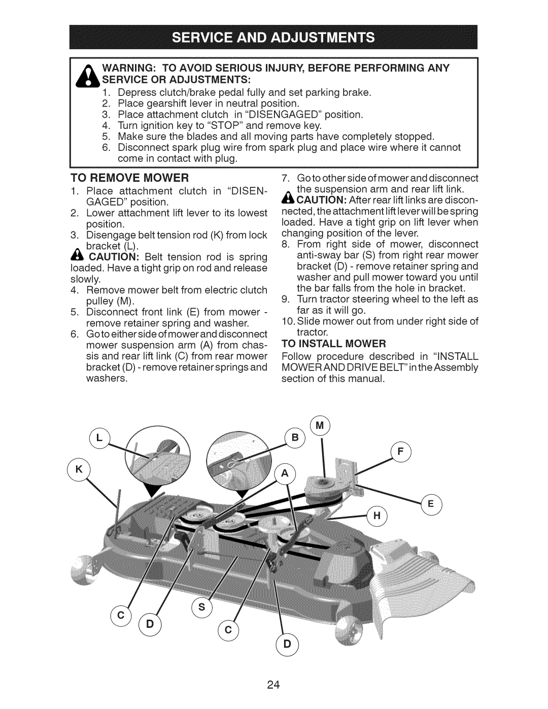 Craftsman 917.28955 owner manual To Remove Mower, To Install Mower 