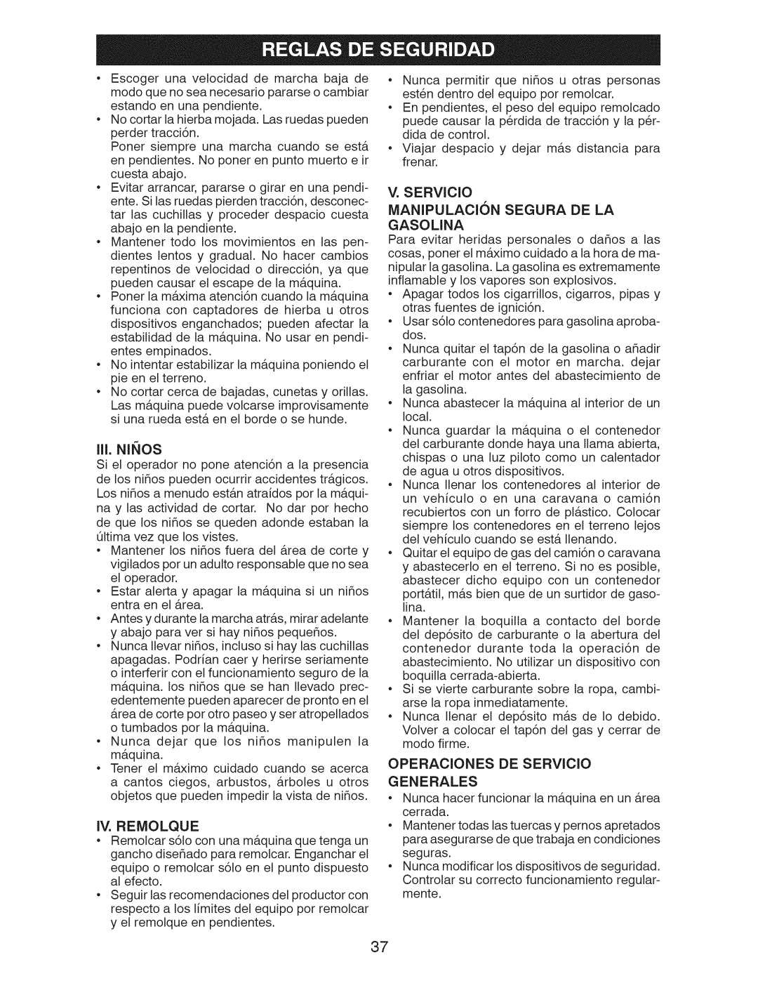 Craftsman 917.28955 owner manual Iii.Nii Os, Manipulacion Segura De La, V. SERVlCIO, Gasolina, Generales 