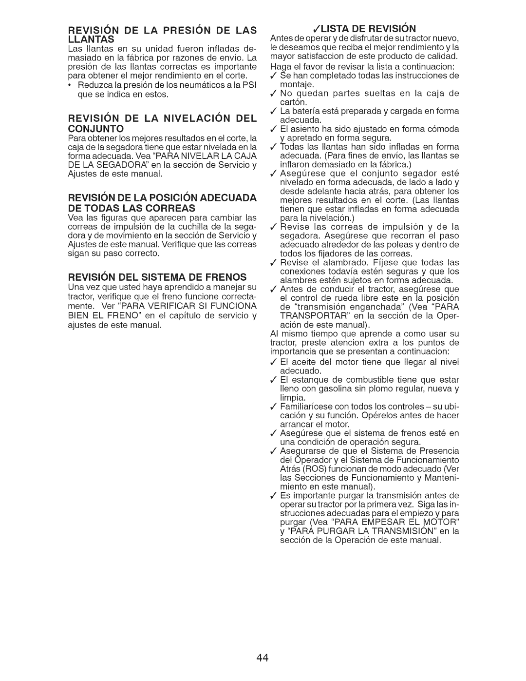 Craftsman 917.28955 owner manual Revision Del Sistema De Frenos, Jlista De Revision 