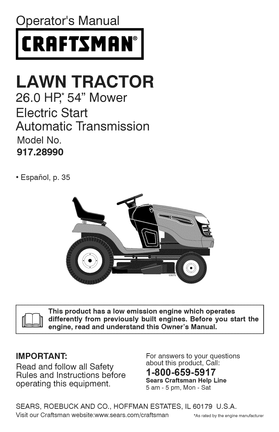 Craftsman YT 4500, 917.28990 manual Craftsman 