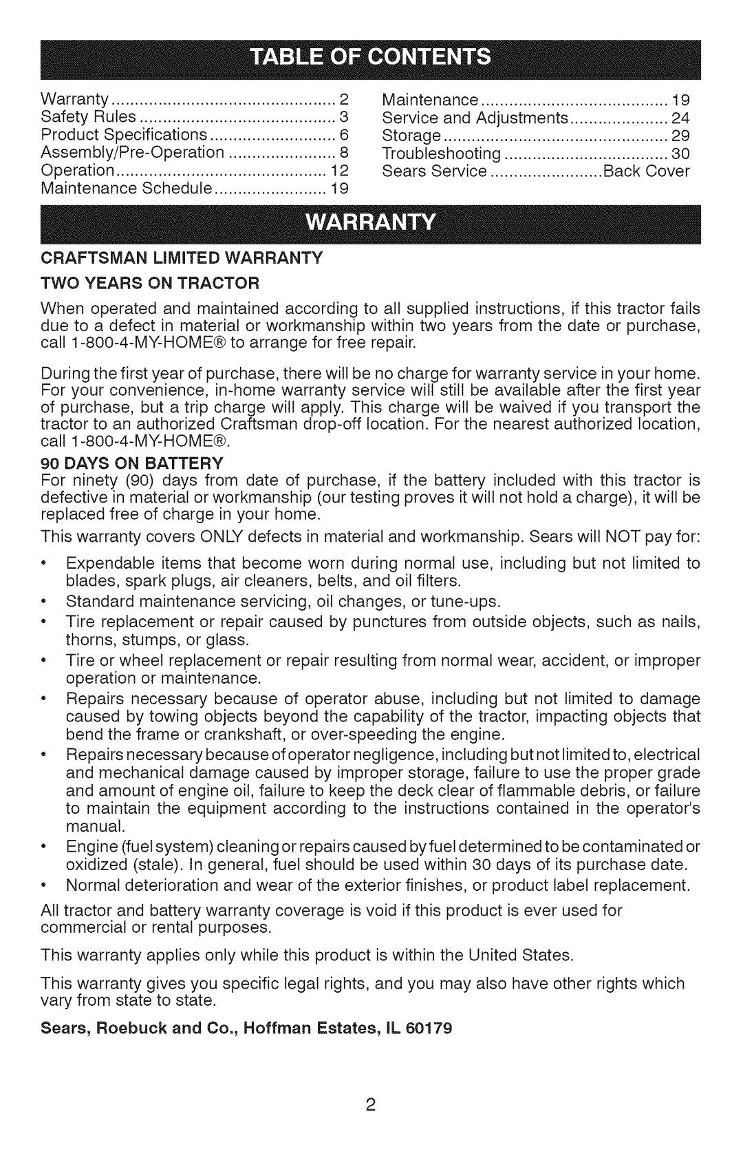 Craftsman 917.28990, YT 4500 manual Craftsman Limited Warranty TWO Years on Tractor, Days on Battery 