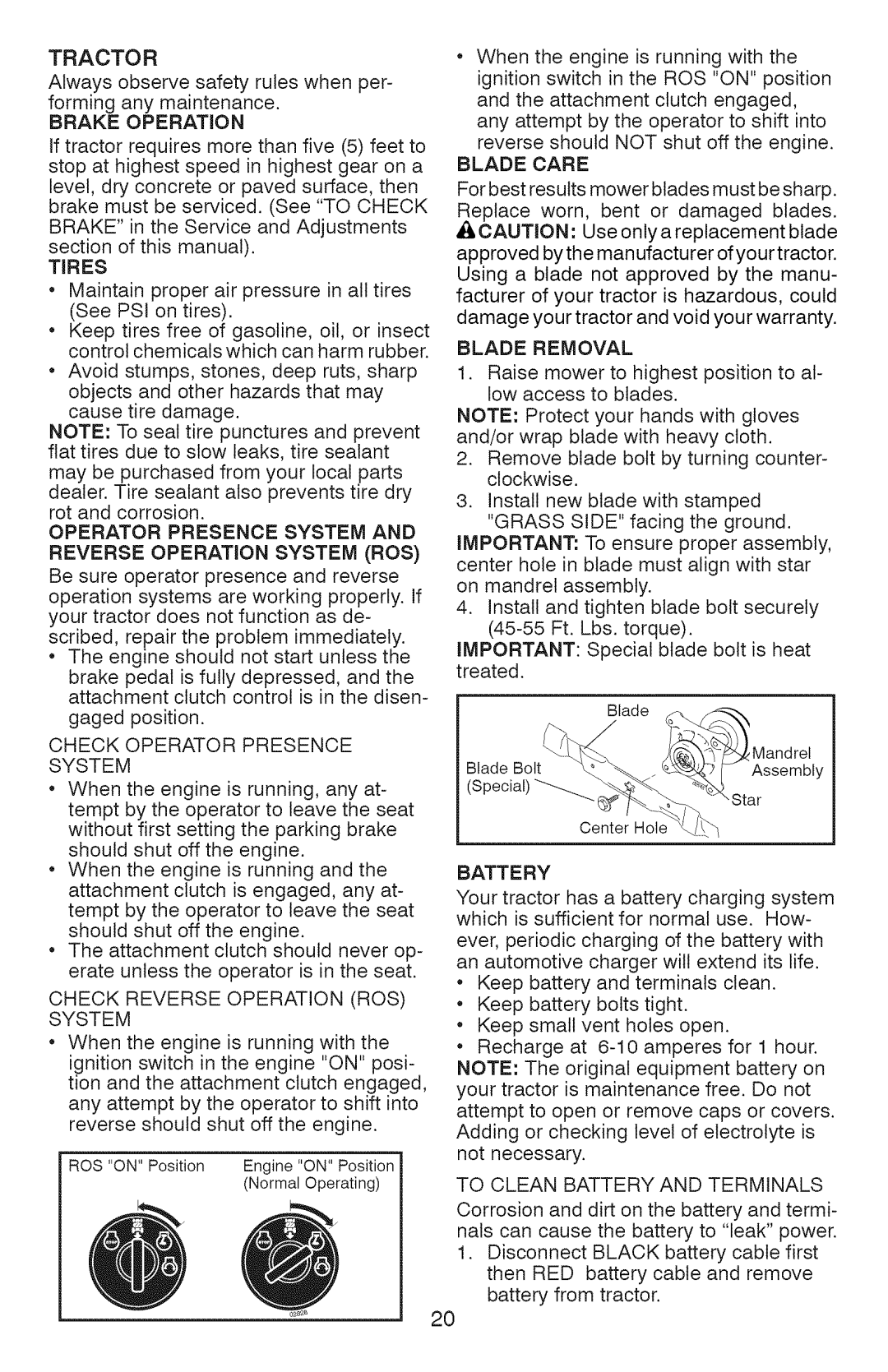 Craftsman 917.28990, YT 4500 manual Tires, Operator Presence System 