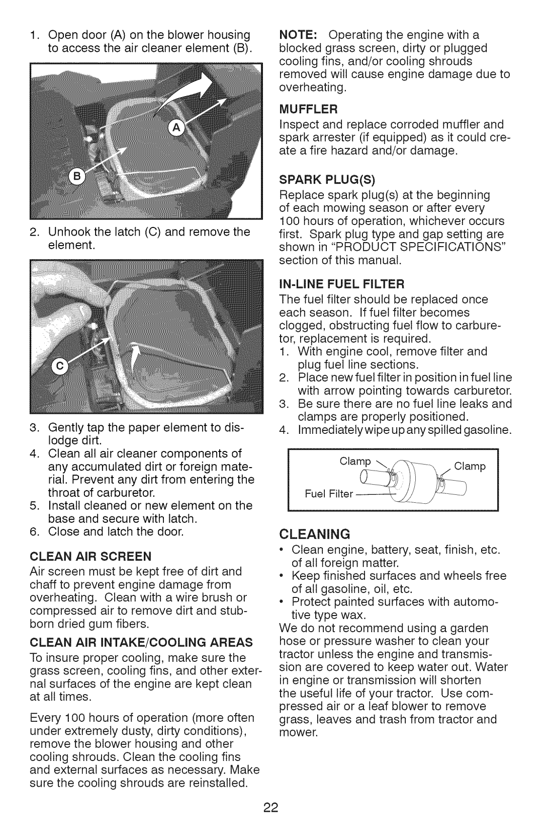 Craftsman 917.28990, YT 4500 manual Clean AIR Screen, Muffler, IN=LINE Fuel Filter 