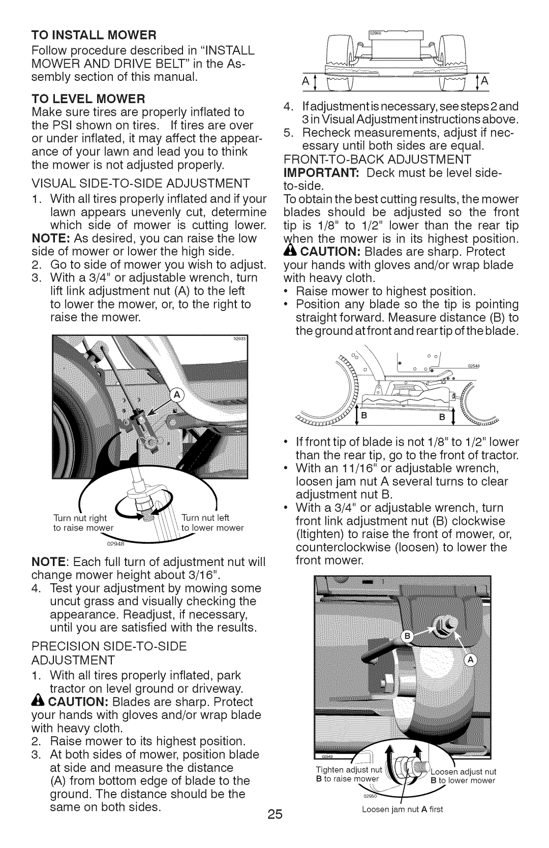 Craftsman YT 4500 To Install Mower, To Level Mower, Visual SIDE-TO-SIDE Adjustment, Precision SIDE-TO-SIDE Adjustment 