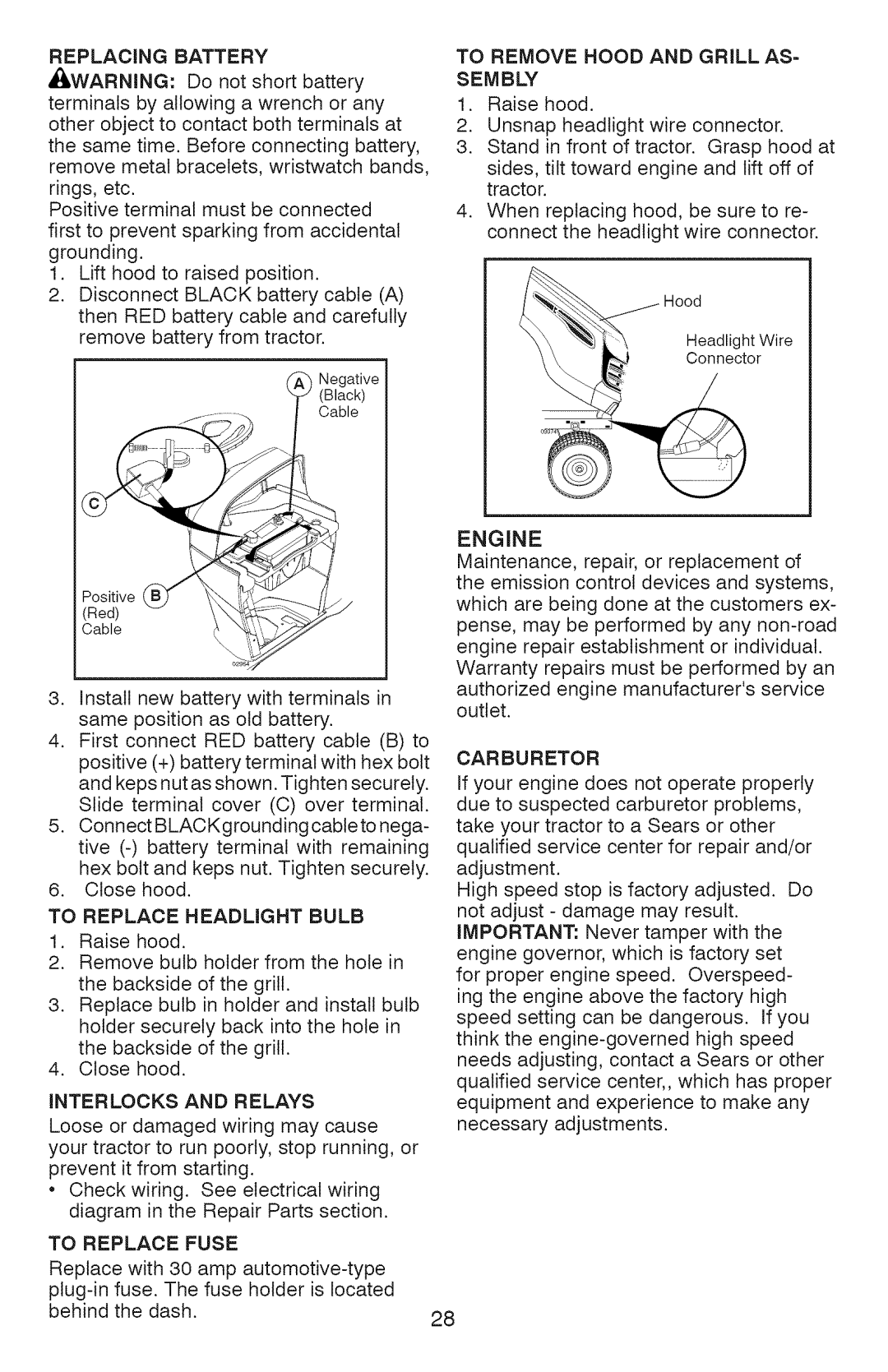 Craftsman 917.28990, YT 4500 manual Replacing Battery, Sembly 