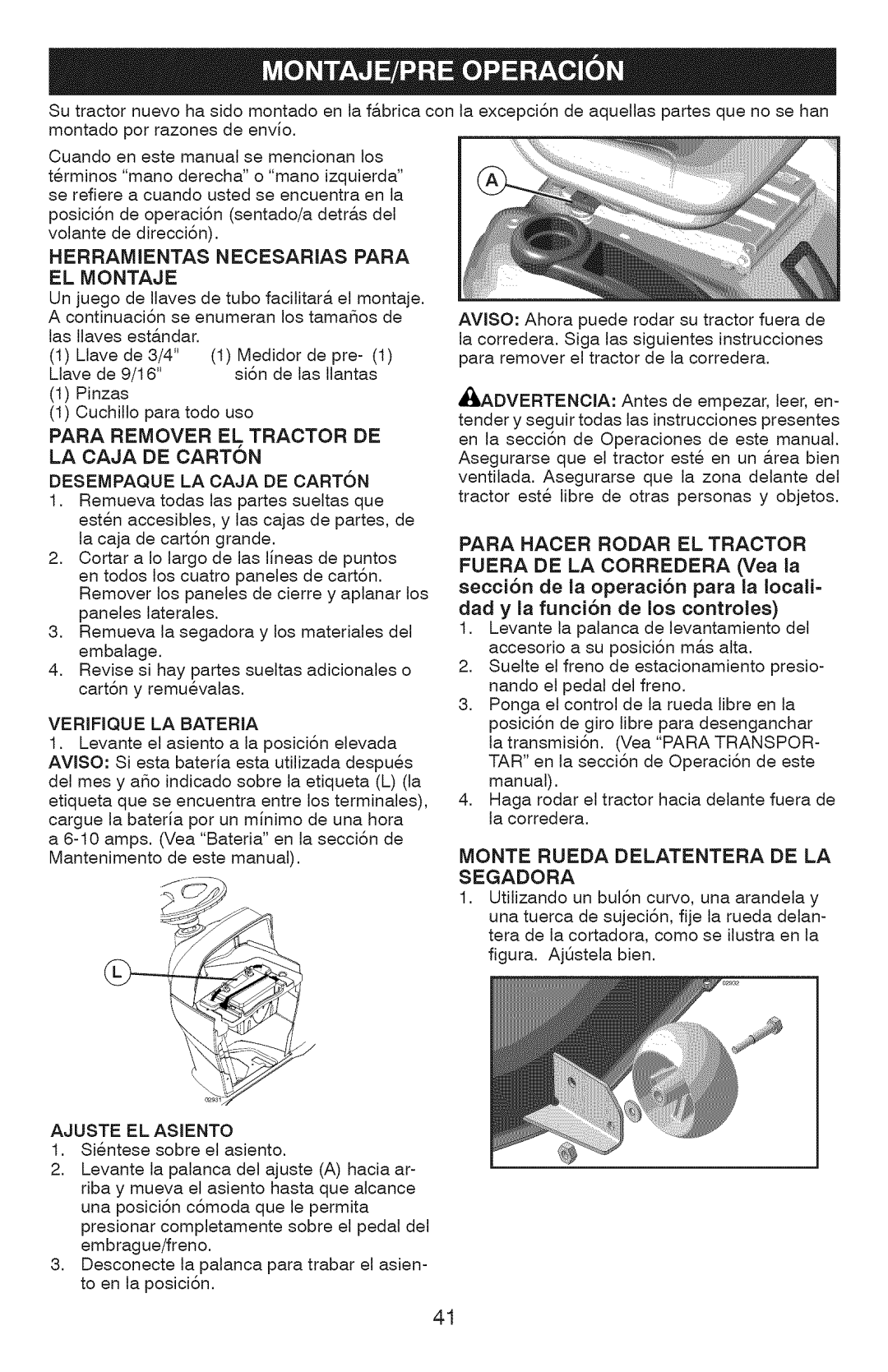 Craftsman YT 4500, 917.28990 Para Hacer Rodar EL Tractor, Dad y la funci6n de los controles, Monte Rueda Delatentera DE LA 