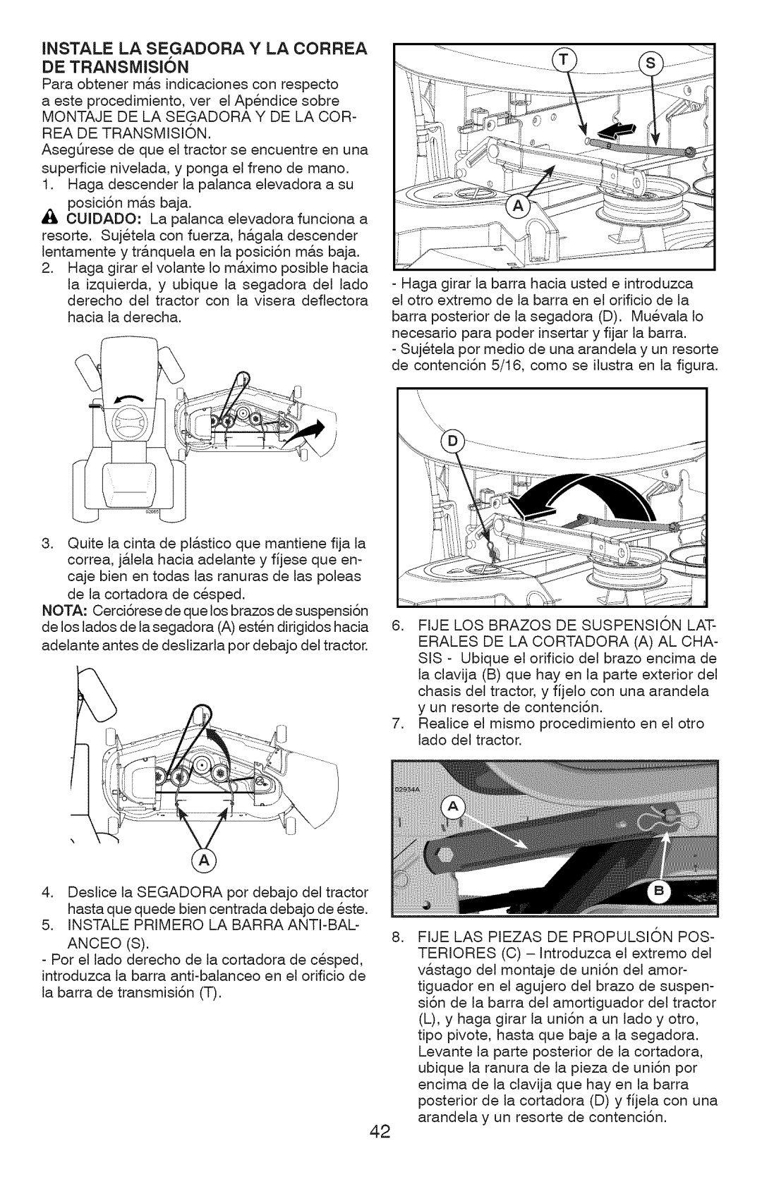 Craftsman 917.28990, YT 4500 manual Jnstale LA Segadora Y LA Correa, DE Transmisjon, Fije LOS Brazos DE Suspension LAT 