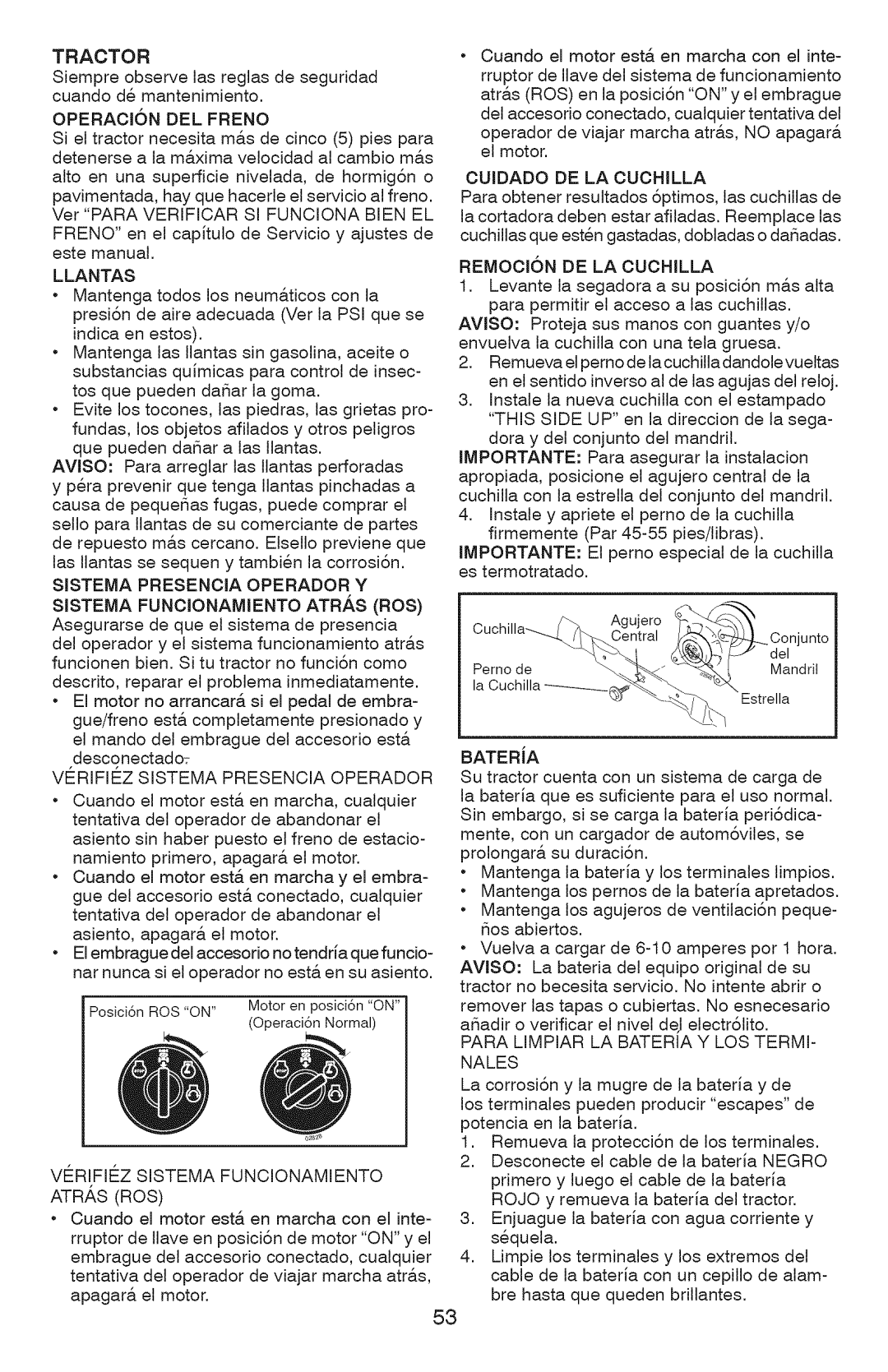 Craftsman YT 4500 manual Tractor, Operaoion DEL Freno, Llantas, Vfrifiiz Sistema Presencia Operador, Cuidado DE LA Cuchilla 