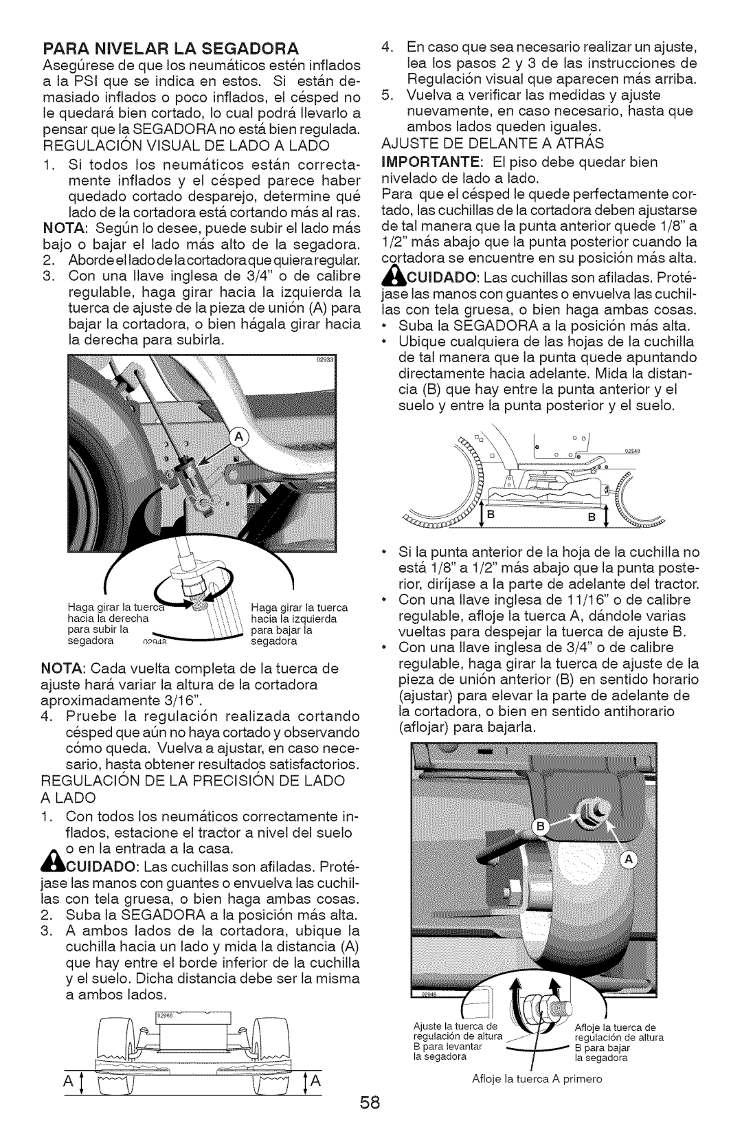 Craftsman 917.28990 manual Para Nivelar LA Segadora, Regulacion Visual DE Lado a Lado, REGULACI6N DE LA PRECISI6N DE Lado 