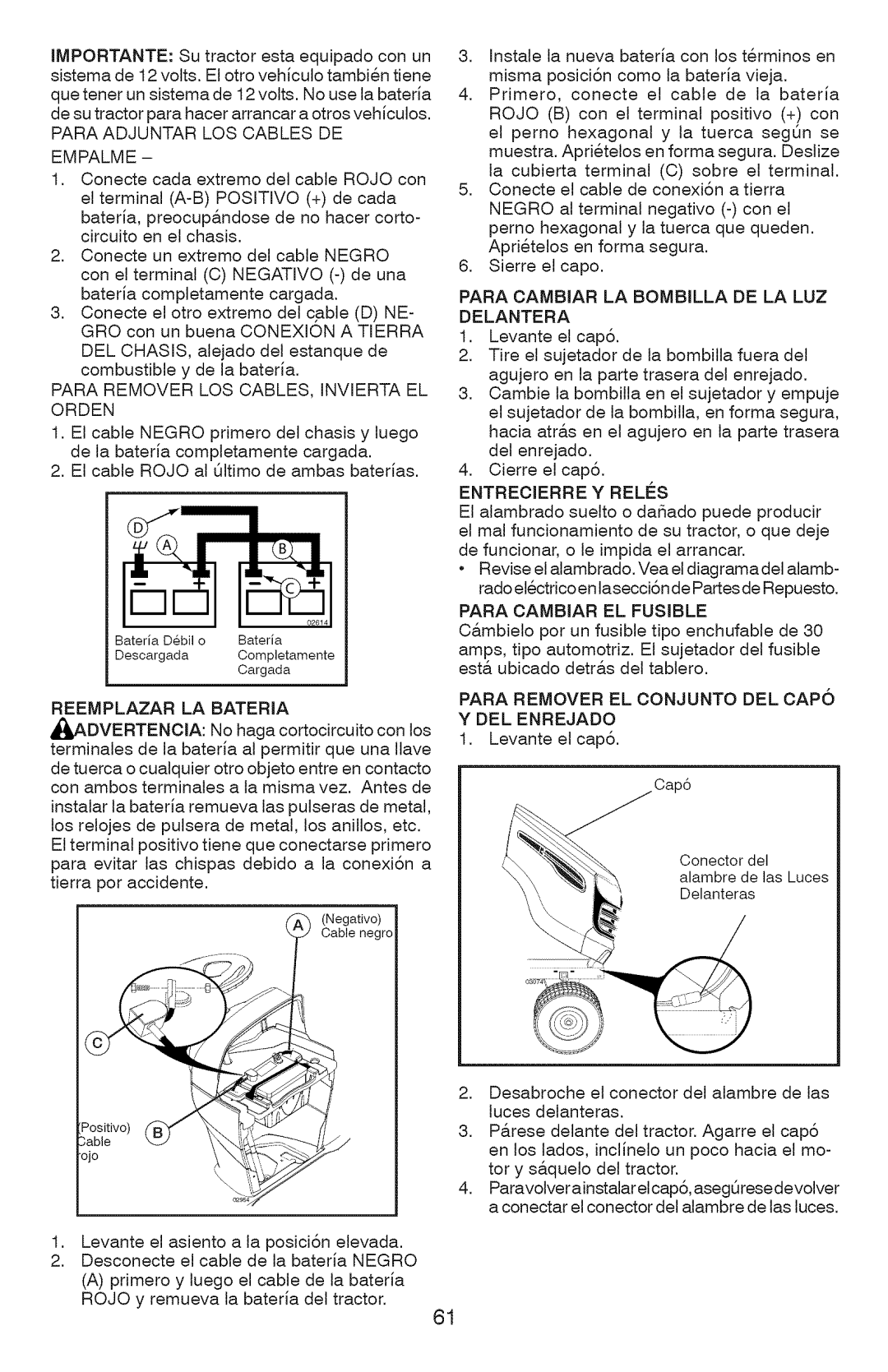 Craftsman YT 4500 Para Adjuntar LOS Cables DE Empalme, Reemplazar LA Bateria, Para Cambiar LA Bombilla DE LA LUZ Delantera 