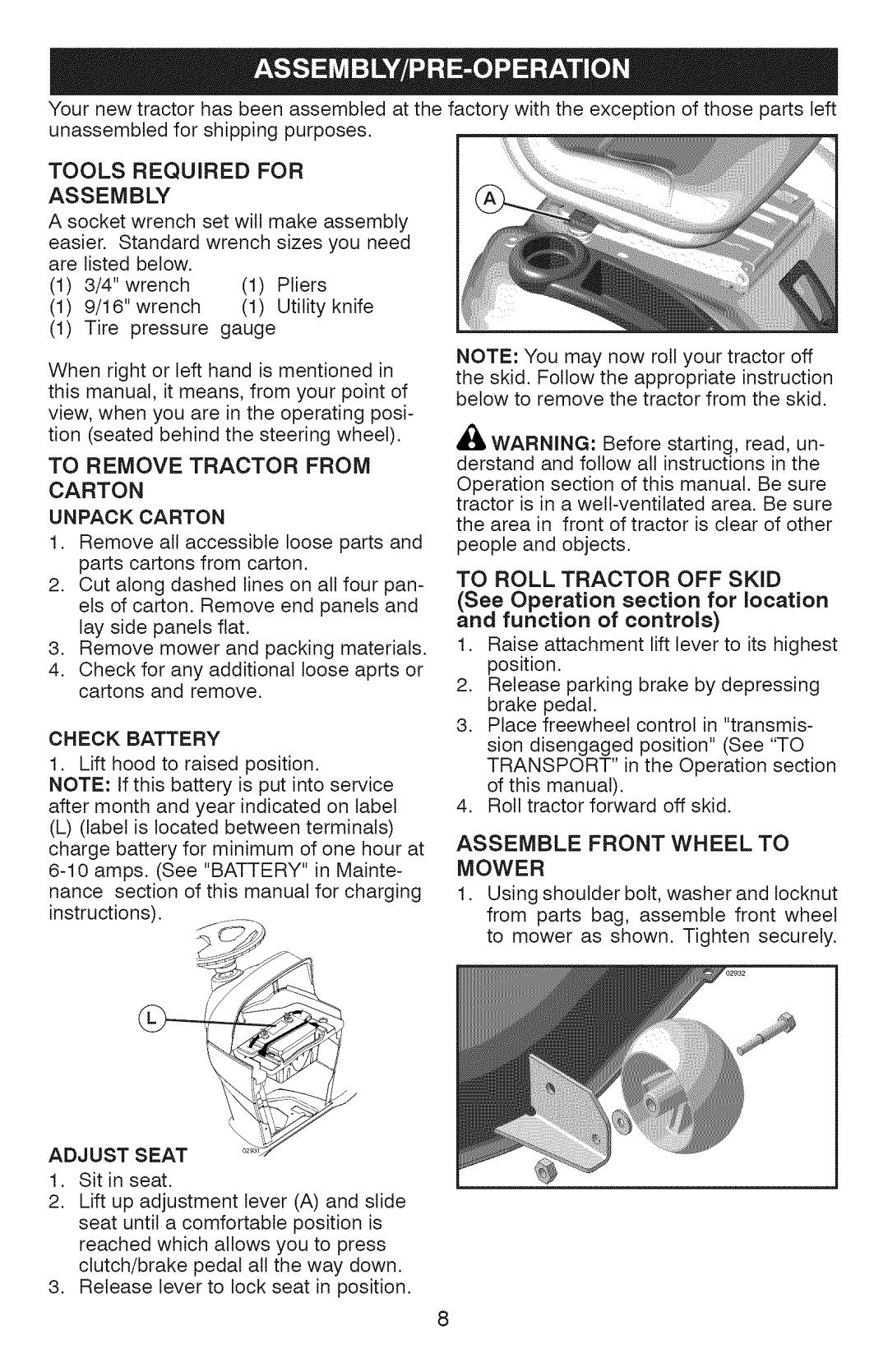 Craftsman 917.28990 Tools Required for Assembly, To Remove Tractor from Carton Unpack Carton, Check Battery, Adjust Seat 