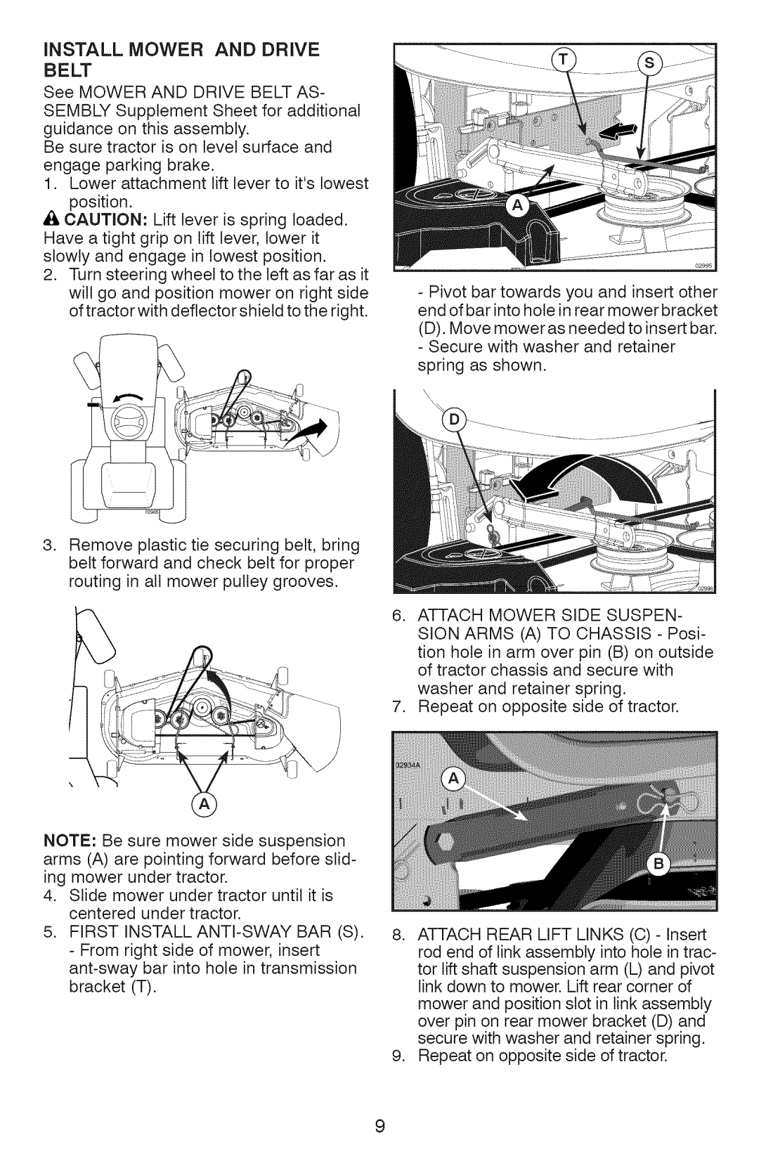 Craftsman YT 4500, 917.28990 manual First Install ANTI-SWAY BAR S, Attach Mower Side Suspen 