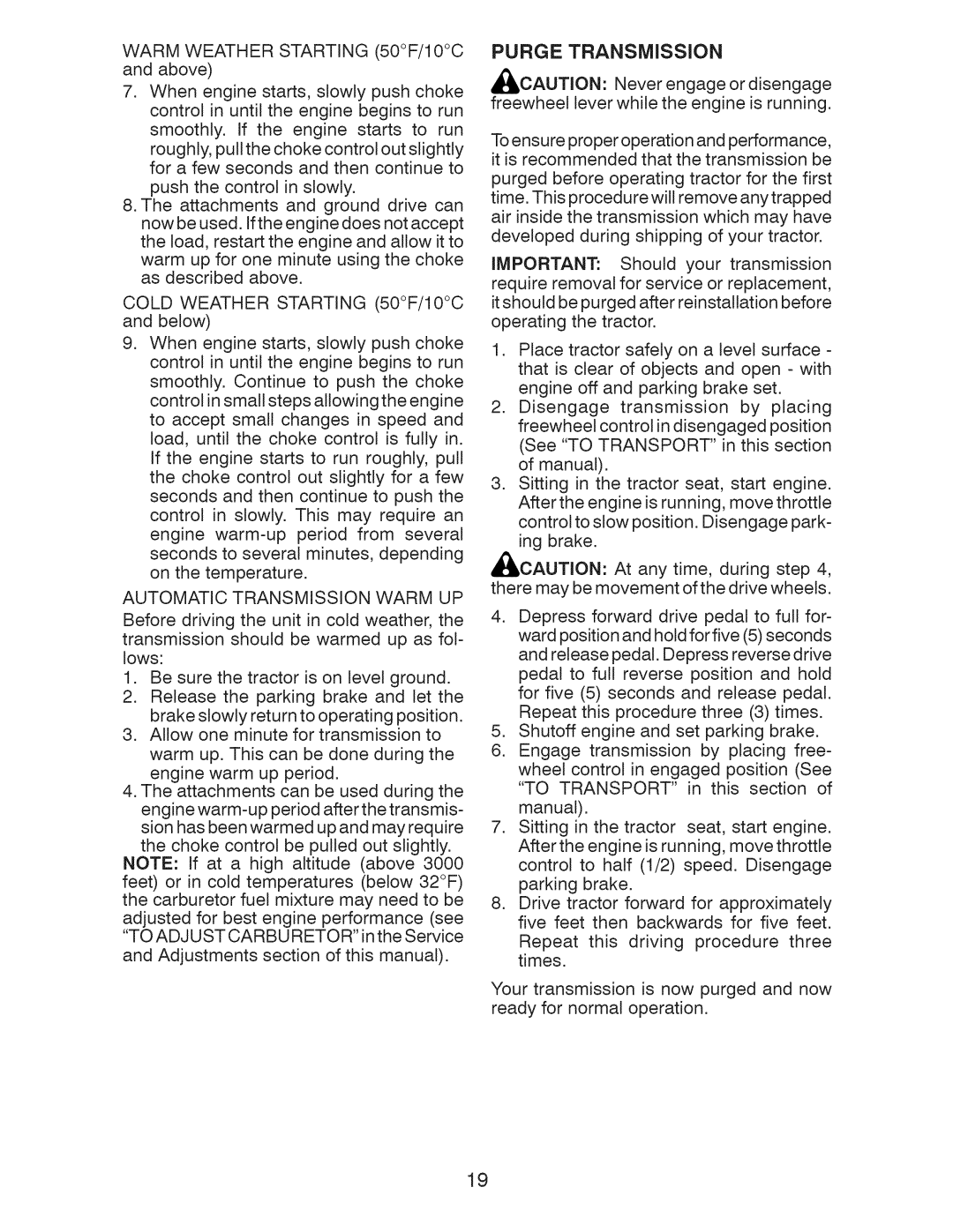 Craftsman 917.28991 manual Purge Transmission, Automatic Transmission Warm UP 