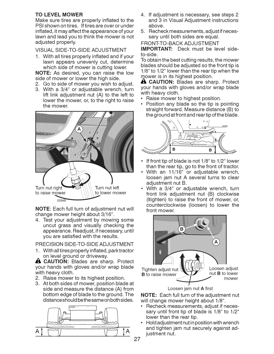 Craftsman 917.28991 manual Visual SIDE-TO-SIDE Adjustment, To Level Mower, FRONT-TO-BACK Adjustment 