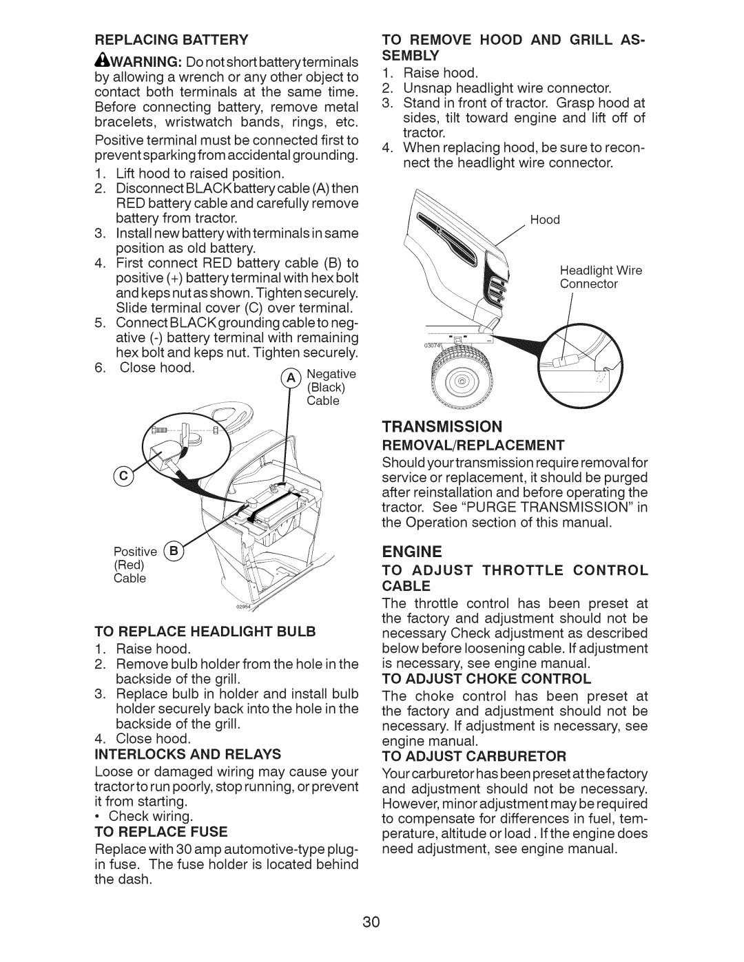 Craftsman 917.28991 manual Transmission, Replacing Battery 