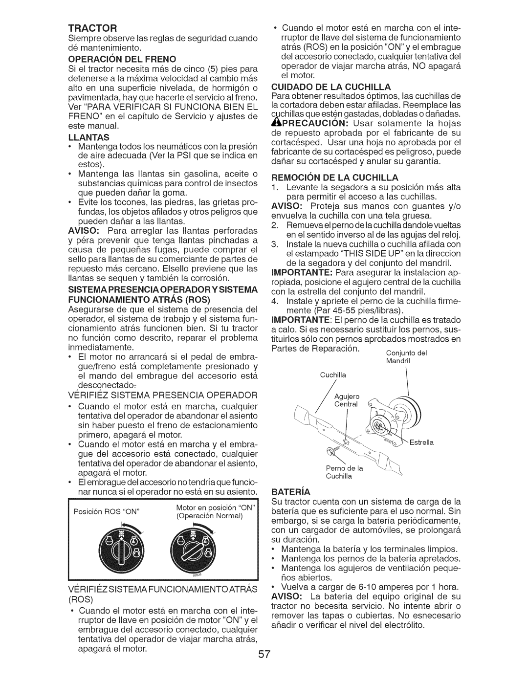 Craftsman 917.28991 manual Tractor, Llantas, VI= Rifiez Sistema Func Ionam Iento AT R/,S ROS, Cuidado DE LA Cuchilla 